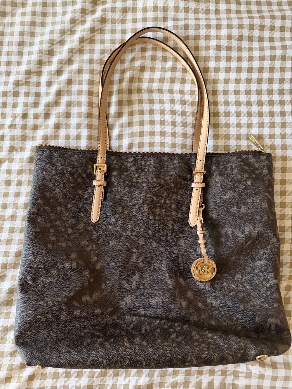 Michael Kors Chocolate Brown MK Monogram Tote with Tan Leather Straps